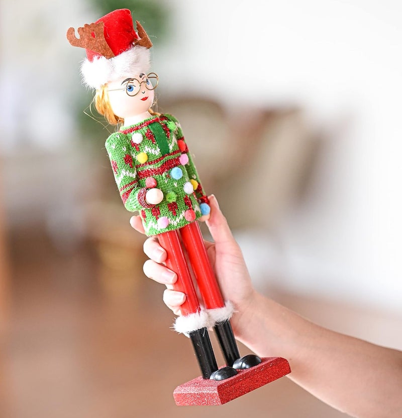 Ornativity Christmas Ugly Sweater Nutcracker – Red and Green Wooden Nutcracker Woman with an Ugly Sweater and Reindeer Hat Xmas Themed Holiday Nut Cracker Doll Figure Decorations 15" - Image 2